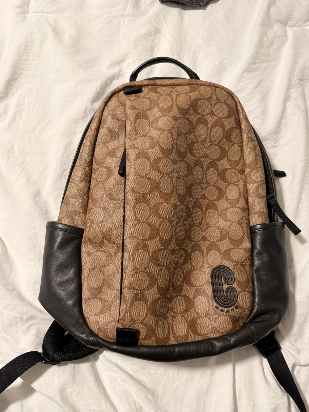 Coach Tan Signature Canvas Backpack with Black Leather Trim
